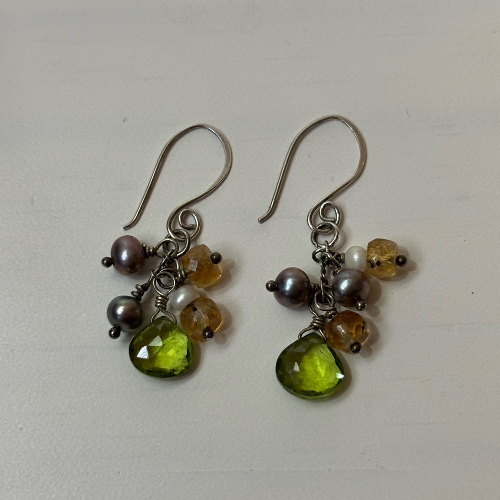 Bohemian Colorful Semi-Precious Stones and Silver Dangle Earrings